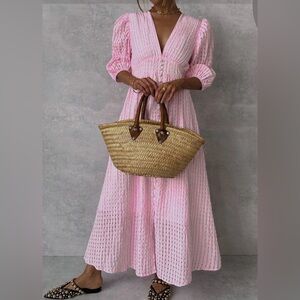 Pink Plain Short Sleeve Maxi Dress - XXL